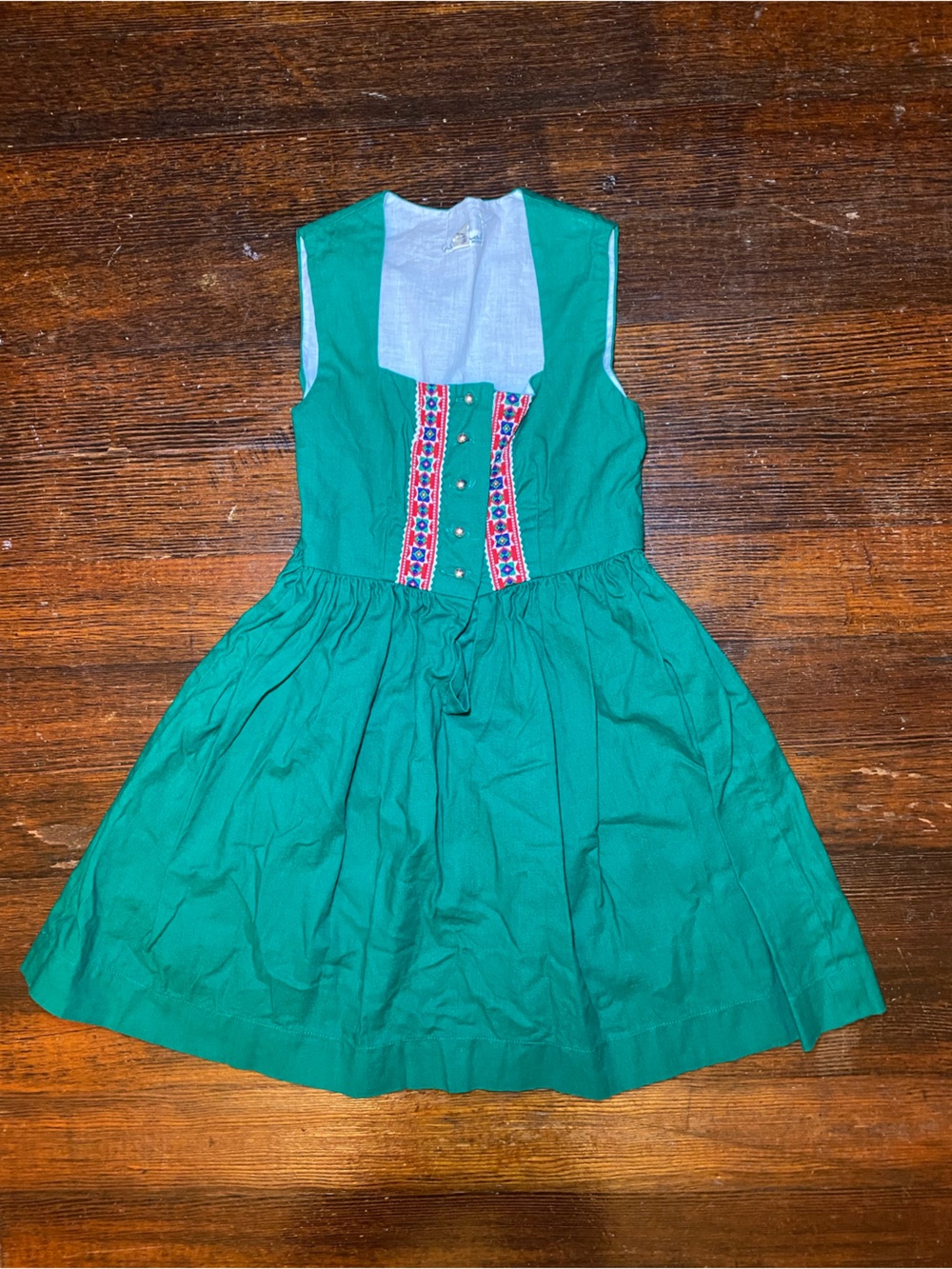 EUC Traditional Alpine Dirndl Cotton Green Square Neck Embroidered Bodice